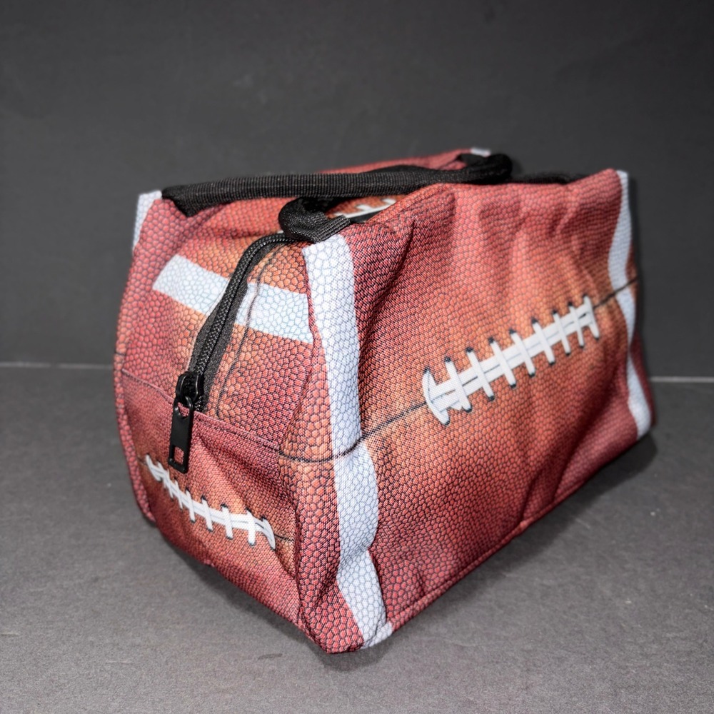 Football Print Insulated Lunch Bag Brown Sports Tailgate Cooler Zippered Case